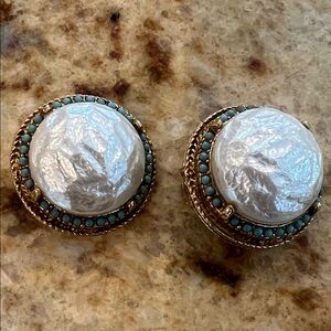 Capri Elegant Gold Pearl and Turquoise Clip-On Earrings Vintage Costume